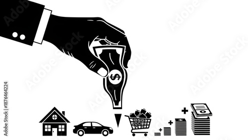 Personal finance and investment illustration showing hand allocating money for expenses and savings