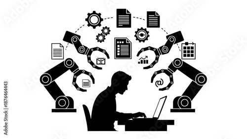 Man working with robotic process automation arms processing digital data and tasks