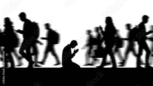 Finding peace in urban chaos alone in prayerful contemplation surrounded by moving people