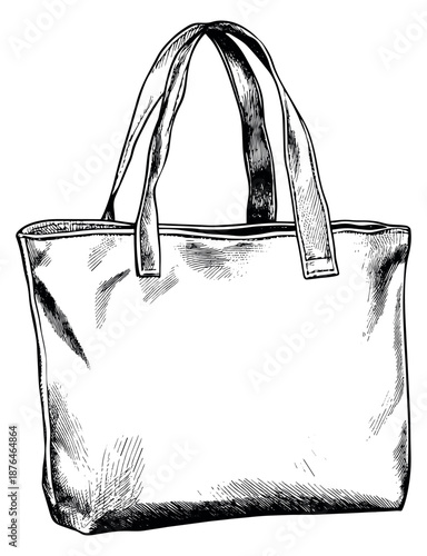 Hand drawn line art illustration of a tote bag depicting an empty reusable fabric shopper for retail and ecology