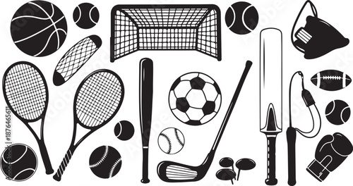 Collection of various sports equipment and balls illustration