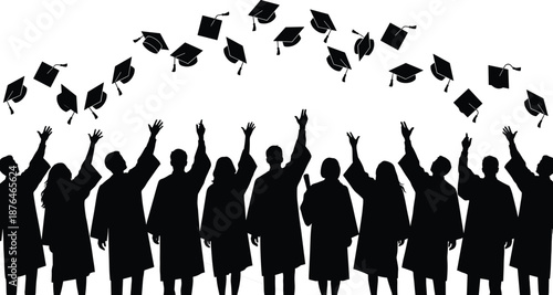 Graduation ceremony silhouette with students throwing mortarboard caps in the air, celebrating academic success and achievement, black figures isolated on white