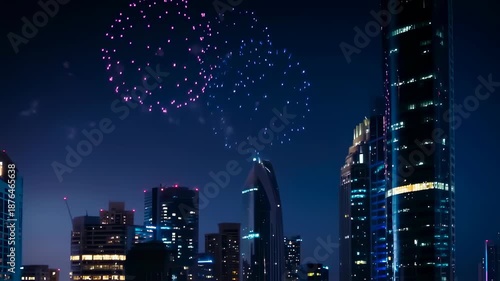 Spectacular Fireworks Display Over City Skyscrapers at Night Celebrations.