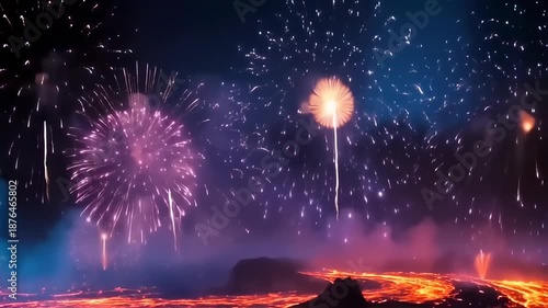 Spectacular Fireworks Display Over Volcanic Landscape - A Night of Celebration.