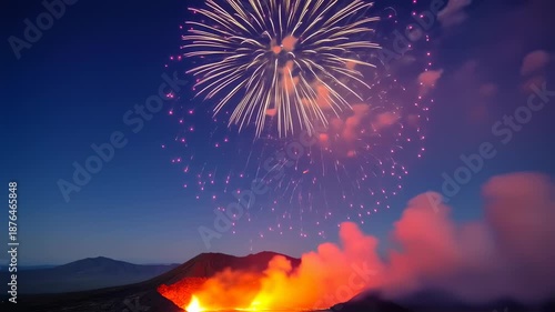 Spectacular Volcano Eruption Under a Sky Filled with Fireworks.
