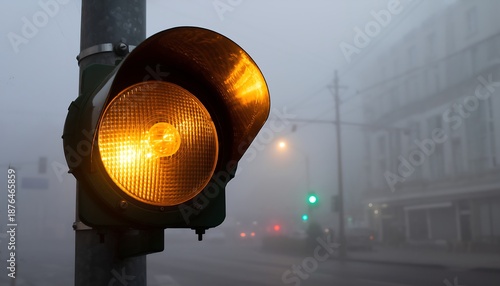 Yellow traffic light in foggy weather with soft diffused lighting, atmospheric perspective creating a calm moody urban scene, reduced visibility, realistic detail.