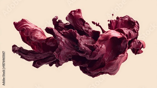 Abstract red purple liquid splash suspended in a light beige background