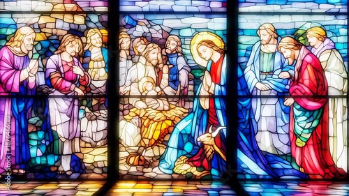 Stained Glass Window Depicting Religious Scene with Figures in Colorful Robes.