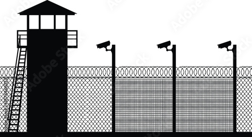 Prison security silhouette with watchtower, barbed wire fence and surveillance cameras, high security facility illustration isolated on white background