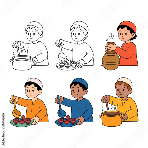 Ramadan Meal Preparation: A series of illustrations depicts a young boy preparing a meal for Ramadan, demonstrating the essence of sharing and caring in the holy month.