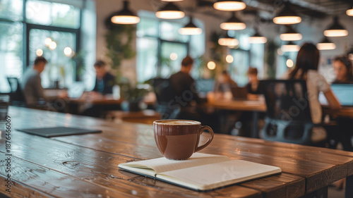 A Coffee Moment at Workplace: Focus on a coffee cup set atop an open notepad, creating a serene moment amid a bustling work setting. The background shows soft focus individuals engaged in their tasks.