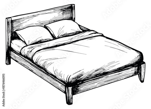 Hand drawn line art illustration of a bed depicting a cozy sleeping arrangement for bedroom interior design
