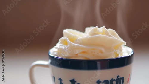 Steaming Hot Beverage Topped with Whipped Cream in a Cozy Mug.