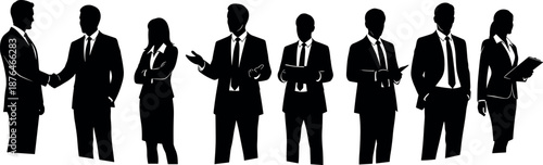 Business people silhouettes set showing professionals standing discussing handshake teamwork corporate office leadership vector illustration collection