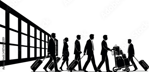 Business travelers silhouettes at airport terminal with luggage trolley walking departure journey corporate travel vector illustration collection