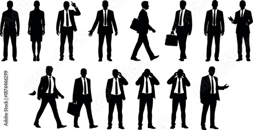 Businessman silhouettes collection showing professional men in suits walking, talking, gesturing and carrying briefcases, corporate office activities isolated on white background illustration