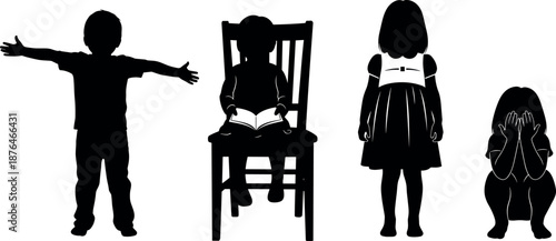 Children silhouettes set showing emotions learning reading sitting standing crying childhood behavior education lifestyle vector illustration collection