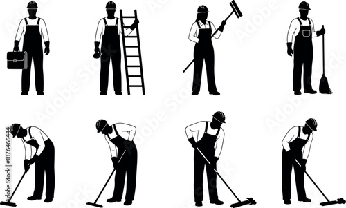 Cleaning and maintenance worker silhouettes set showing janitors mopping sweeping ladder tools professional service vector illustration collection