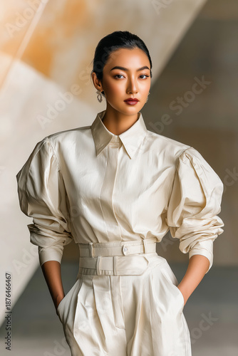 Middle Eastern Woman In White Silk Blouse Standing Confidently With Hands In Pockets