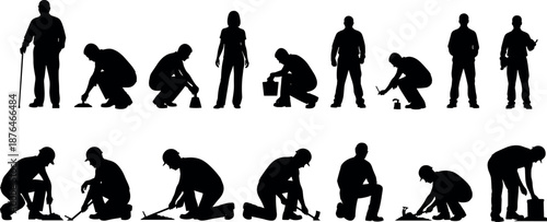 Construction Worker Silhouette Collection Showing Manual Labor Repair Maintenance Kneeling Standing Industrial Work Vector Illustration Set