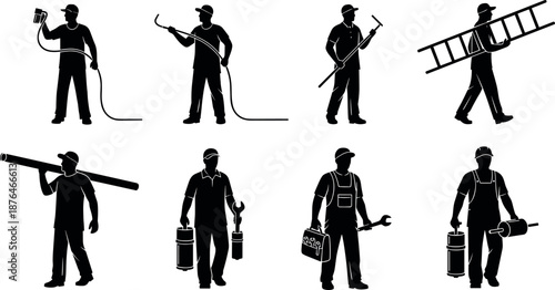 Construction workers tools silhouette set, manual labor professions, industrial maintenance jobs, repair and building activities, isolated black vector illustration
