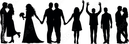 Couple silhouettes collection showing love romance wedding celebration holding hands hugging joyful relationship lifestyle vector illustration set