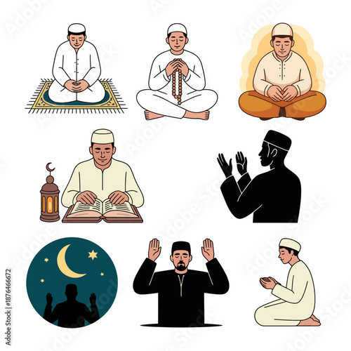 Spiritual Serenity: An artistic depiction of Muslim prayer, with figures in prayerful poses, each a testament to faith.