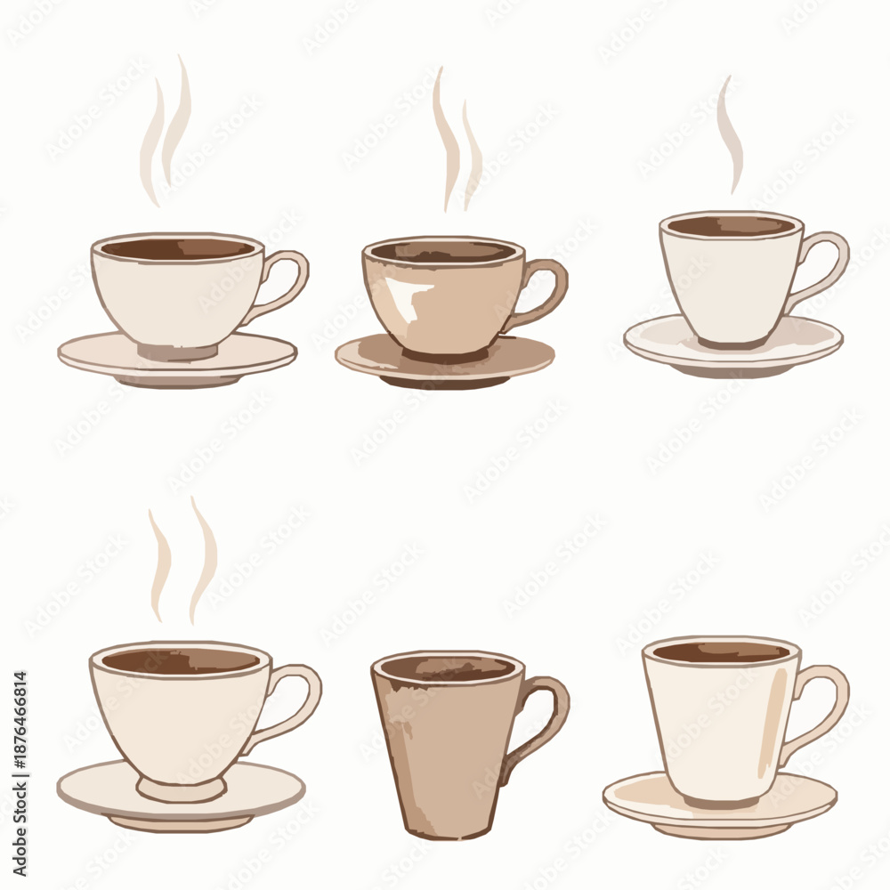 Obraz premium Watercolor coffee cups with steam illustration isolated on white background
