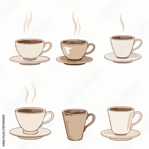 Watercolor coffee cups with steam illustration isolated on white background