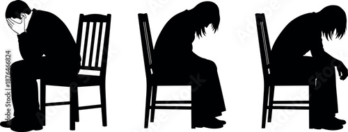 Depressed people sitting on chair silhouettes showing sadness stress loneliness and mental health struggle, emotional concept black vector illustration