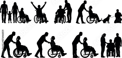 Disabled People And Caregiver Silhouette Collection Showing Wheelchair Support Family Inclusion Healthcare Assistance Vector Illustration Set