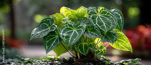 Vibrant Anthurium Plant Displayed in Natural Light with Detailed Leaf Veins.
