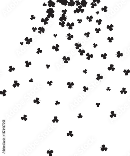 Scattered black clover shapes falling against a white background