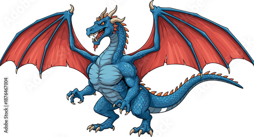 Powerful fantasy dragon with spread wings fire breathing mythical creature illustration isolated vector cartoon design for games