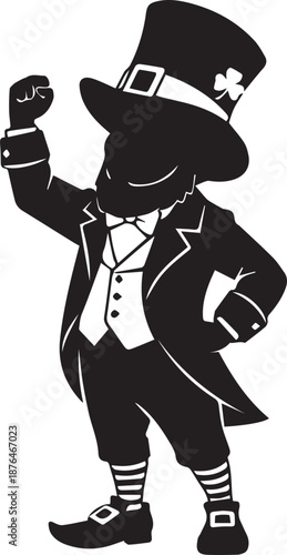 Silhouette of a leprechaun in a top hat and suit holding a drink