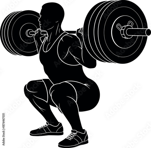 Powerful weightlifting squat silhouette illustration showing athlete performing barbell back squat isolated on white background for fitness and gym design projects