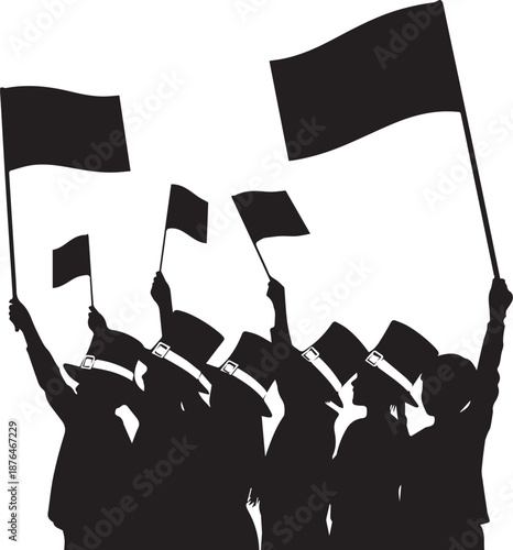 Silhouette of a crowd holding black flags during a protest or demonstration
