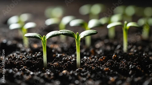 Young seedlings growing in fertile soil with green leaves.