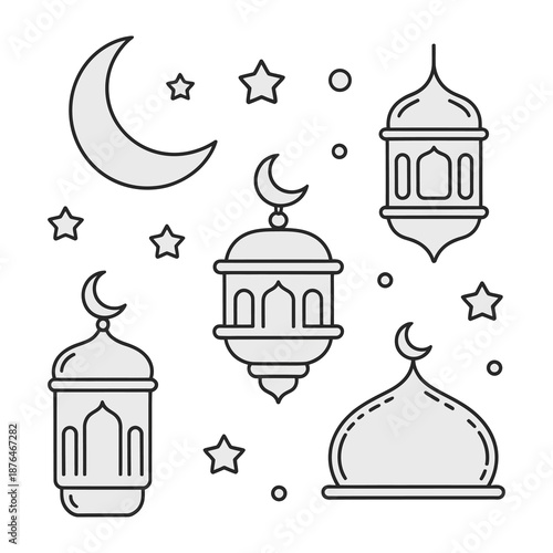 Eid Mubarak Elements: An exquisite illustration of Eid Mubarak elements, featuring iconic crescent moons, stars, and decorative lanterns, conveying the spirit of the Islamic festival.