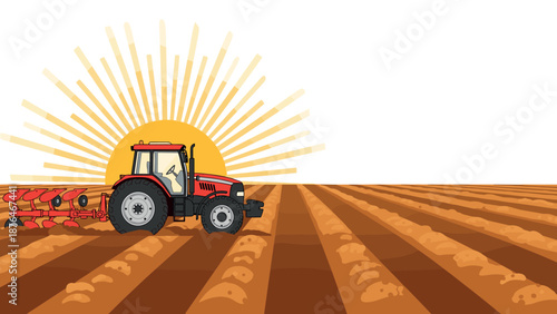 Red agricultural tractor plowing farmland at sunrise with sun rays, rural farming landscape, agriculture machinery vector illustration