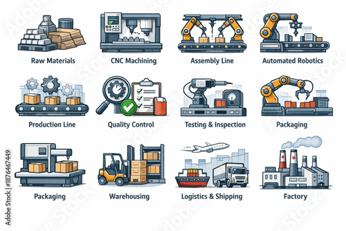 Manufacturing and industrial workflow icon set showing production stages, machinery and quality control symbols for factory operations and industry design
