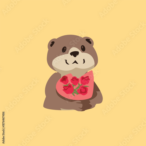 Cartoon Otter Holding Heartwith Flowers