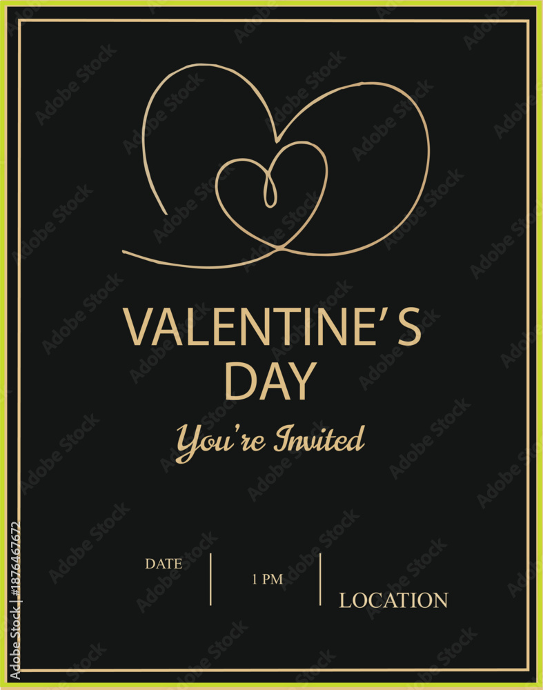 Obraz premium Black valentines day invitation card with gold hearts and text valentine's day black background