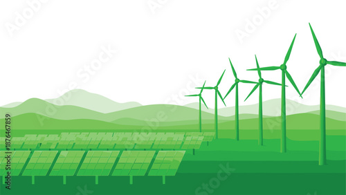 Renewable energy landscape with wind turbines and solar panels eco friendly green power generation illustration isolated vector design