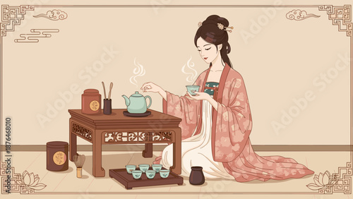 Japanese woman performing a traditional tea ceremony, ideal for cultural education, wellness projects, or culinary arts promotions