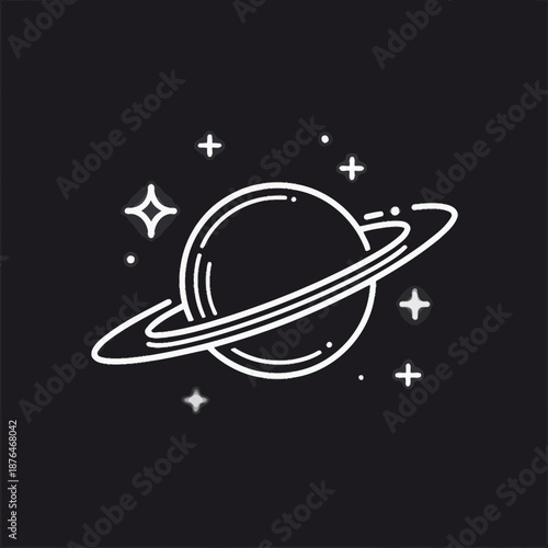Minimalist planet illustration with rings and stars on a black background