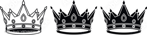 Royal crown icon set luxury king queen emblem medieval monarchy black white outline silhouette vector illustration collection