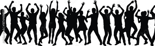 Dancing Crowd Silhouette Celebrating Party and Music Festival, Happy People Jumping Together, Nightlife Energy, Concert Celebration, Fun Event Background