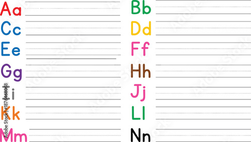 Colorful alphabet handwriting practice worksheet for kids featuring uppercase and lowercase letters with tracing lines for preschool, kindergarten learning, and early education