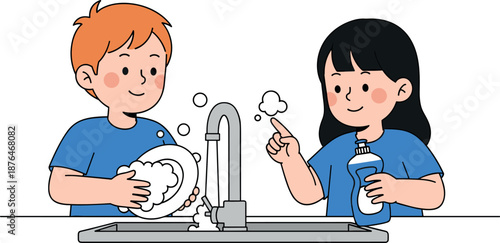 Cute children washing dishes together at kitchen sink illustration teaching hygiene teamwork responsibility daily home activity vector